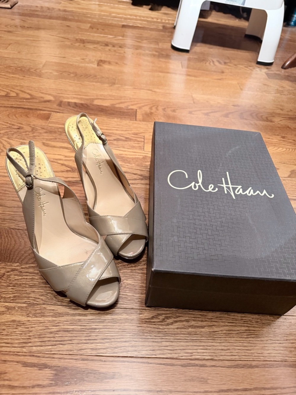 Cole Haan Taupe Patent Leather Peep-Toe Slingback Sandals